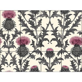 Bogáncs virágokat és tüskés leveleket ábrázoló klasszikus stílusú csempekép