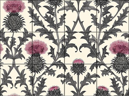 Tile mural depicting thistle flowers and sharp spiny leaves