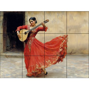 Expressive tile mural featuring a flamenco dancer in a vibrant red dress, passionately playing a Spanish guitar. Expressive tile mural featuring a flamenco dancer in a vibrant red dress, passionately playing a Spanish guitar.