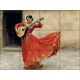 Expressive tile mural featuring a flamenco dancer in a vibrant red dress, passionately playing a Spanish guitar.