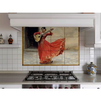 Expressive tile mural featuring a flamenco dancer in a vibrant red dress, passionately playing a Spanish guitar.