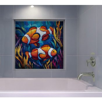 Tile mural with Japanese warrior fighting a giant koi fish in stylized waves