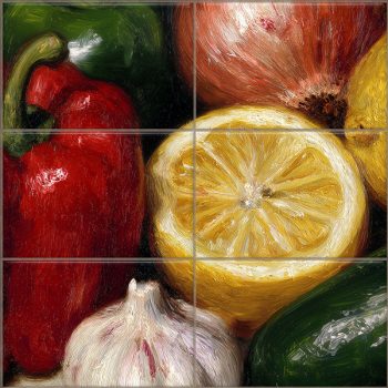 Decorative tile with vegetables and fruit in painterly style