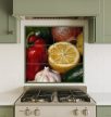 Decorative tile with vegetables and fruit in painterly style