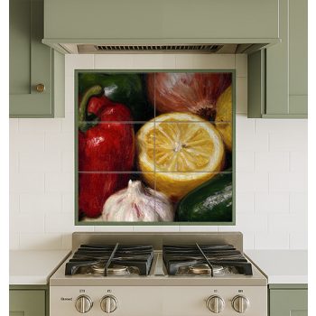 Decorative tile with vegetables and fruit in painterly style