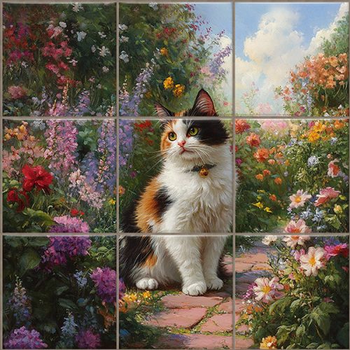 Ceramic tile mural - Cat in the garden