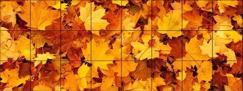 Ceramic tile mural with detailed autumn maple leaves in warm red, orange, and yellow tones