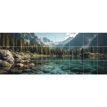 Tile mural of crystal-clear mountain lake with pine trees and snowy peaks – decorative ceramic tile Tile mural of crystal-clear mountain lake with pine trees and snowy peaks – decorative ceramic tile