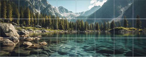 Tile mural of crystal-clear mountain lake with pine trees and snowy peaks – decorative ceramic tile