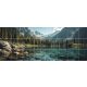 Tile mural of crystal-clear mountain lake with pine trees and snowy peaks – decorative ceramic tile
