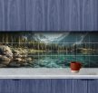 Tile mural of crystal-clear mountain lake with pine trees and snowy peaks – decorative ceramic tile