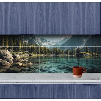 Tile mural of crystal-clear mountain lake with pine trees and snowy peaks – decorative ceramic tile