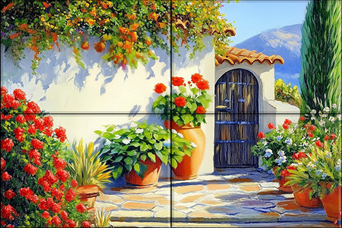 Fali csempe mediterrán udvarral, virágos cserepekkel, fehér falakkal és fa kapuval