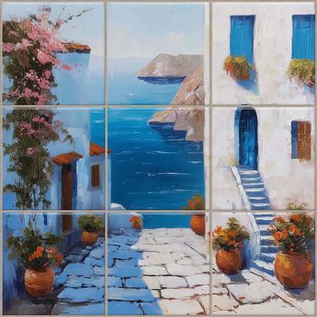 Mediterranean Tile Mural – Whitewashed Alley with Sea View Mediterranean Tile Mural – Whitewashed Alley with Sea View