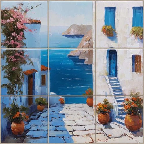 Csempe mediterrán házak és tenger mintás