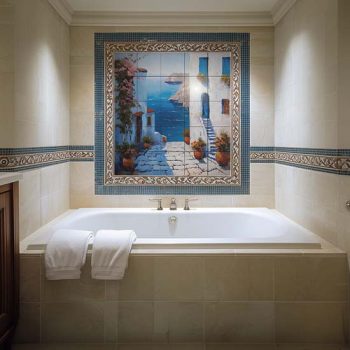 Mediterranean Tile Mural – Whitewashed Alley with Sea View