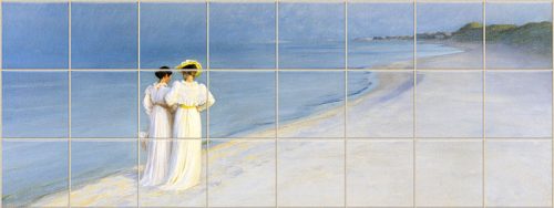 Ceramic tile mural with two women walking on Skagen beach at sunset