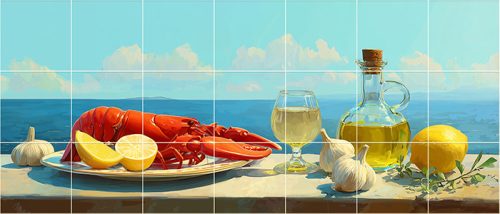 Mediterrán csempe homárral, citrommal, fokhagymával és olívaolajjal tengerparti háttérrel