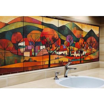 Színes falu mintás fürdőszoba csempe