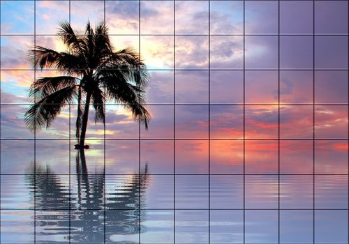 Beach and palm tree in the sunset - tile mural