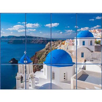 Santorini Tile Mural – Blue Domes & Coastal Panorama Santorini Tile Mural – Blue Domes & Coastal Panorama