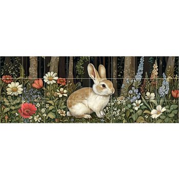 Tile mural with rabbit, poppies, daisies, wildflowers and forest background Tile mural with rabbit, poppies, daisies, wildflowers and forest background