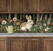 Tile mural with rabbit, poppies, daisies, wildflowers and forest background