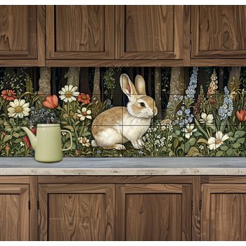 Tile mural with rabbit, poppies, daisies, wildflowers and forest background