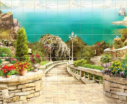 Mediterranean Tile Mural with Sea View and Stone Staircase