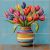 Tile mural with colorful tulips in a striped vase on blue background
