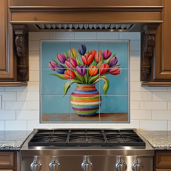 Csempekép színes tulipánokkal csíkos vázában, világoskék háttérrel