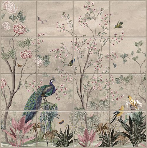 Ceramic tile mural with peacock, tropical birds, butterflies and blooming branches