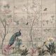 Ceramic tile mural with peacock, tropical birds, butterflies and blooming branches