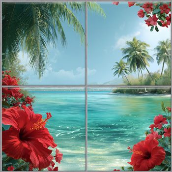 Karibi csempekép hibiszkuszvirágokkal és türkiz tengerrel Karibi csempekép hibiszkuszvirágokkal és türkiz tengerrel