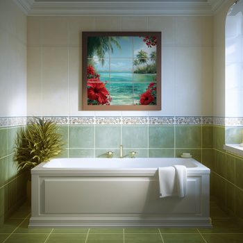 Karibi csempekép hibiszkusz virágokkal és türkiz tengerrel