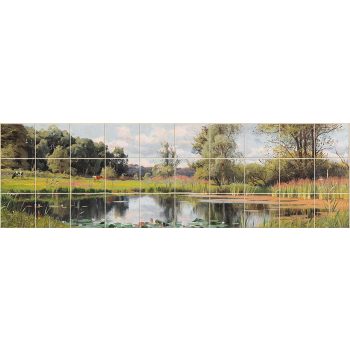 Ceramic tile mural of summer landscape with trees, water lilies and a calm lake