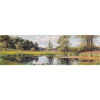 Kerámia csempekép nyári tájjal, tavirózsákkal, fákkal és tóval Kerámia csempekép nyári tájjal, tavirózsákkal, fákkal és tóval