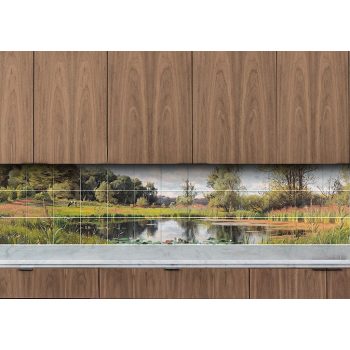 Kerámia csempekép nyári tájjal, tavirózsákkal, fákkal és tóval