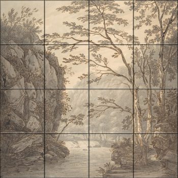 Monochrome river and tree landscape in classical style – ceramic tile mural Monochrome river and tree landscape in classical style – ceramic tile mural