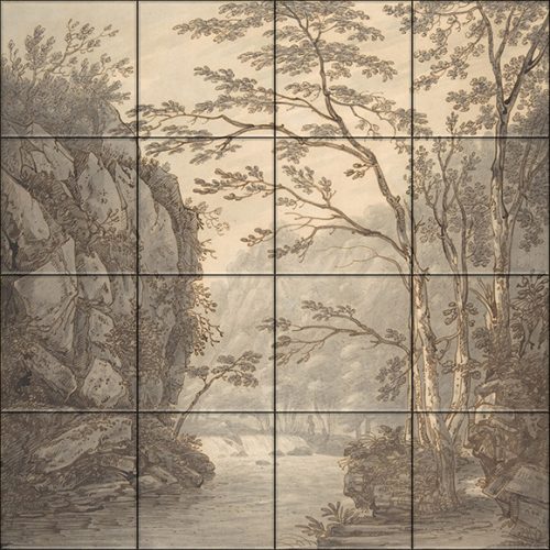 Monochrome river and tree landscape in classical style – ceramic tile mural