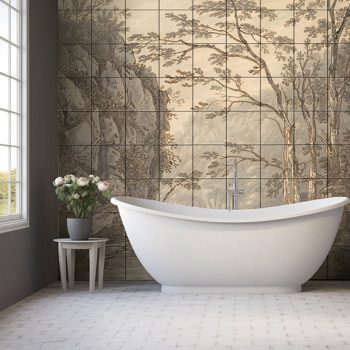 Monochrome river and tree landscape in classical style – ceramic tile mural