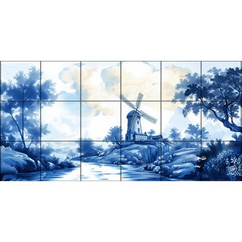 Tile mural with windmill, stream and trees in blue-and-white classic style – decorative ceramic tile Tile mural with windmill, stream and trees in blue-and-white classic style – decorative ceramic tile