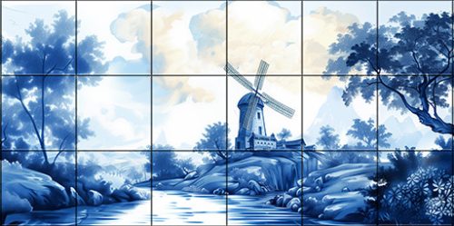 Tile mural with windmill, stream and trees in blue-and-white classic style – decorative ceramic tile