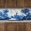 Tile mural with windmill, stream and trees in blue-and-white classic style – decorative ceramic tile