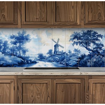 Delfti kéCsempekép szélmalommal, patakkal és fákkal kék-fehér stílusban – klasszikus dekorcsempek látkép malommal -  mozaik csempe 
