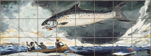 Fishing scene ceramic tile mural 
