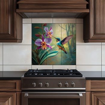 Hummingbird drinking nectar from orchid in tropical forest – exotic tile mural