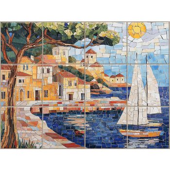Mediterrán csempe vitorlással és tengerparti látképpel Mediterrán csempe vitorlással és tengerparti látképpel