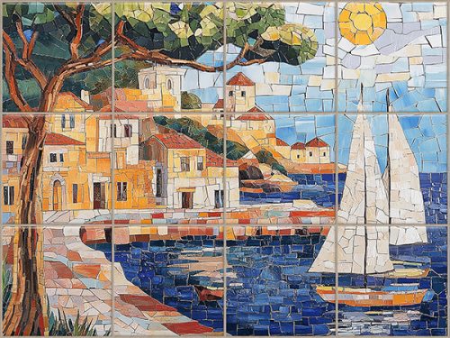 ceramic tile mural with mediterranean coastal landscape and sailboat