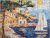 Mediterranean ceramic tile mural with sailboats, seaside houses and a sunny harbor view